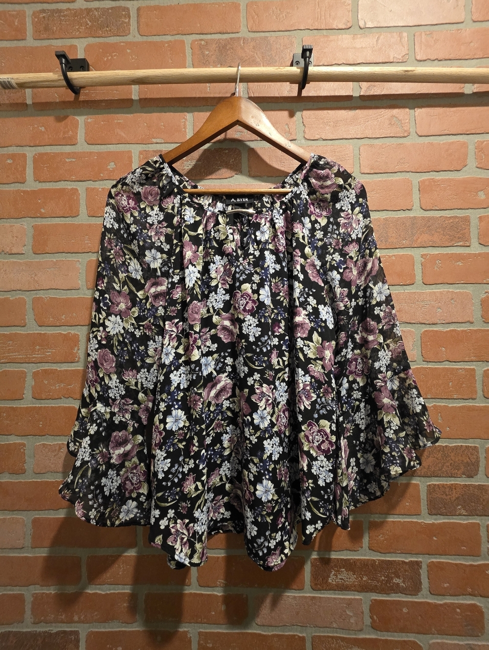 A. Byer Black Floral Peasant Blouse with Pink and Cream Flowers Large Sku63